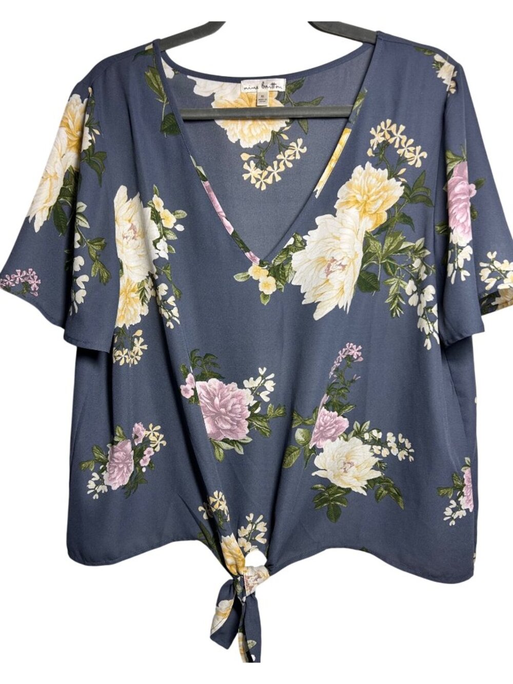 Nine Britton Gray Floral Print Tie Front Blouse XL Women’s Short Sleeve V-Neck